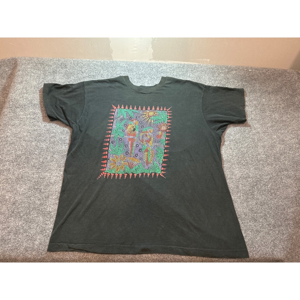 Vintage Black Pointillism Tropical Bird Graphic T-Shirt Mens XL Single Stitch